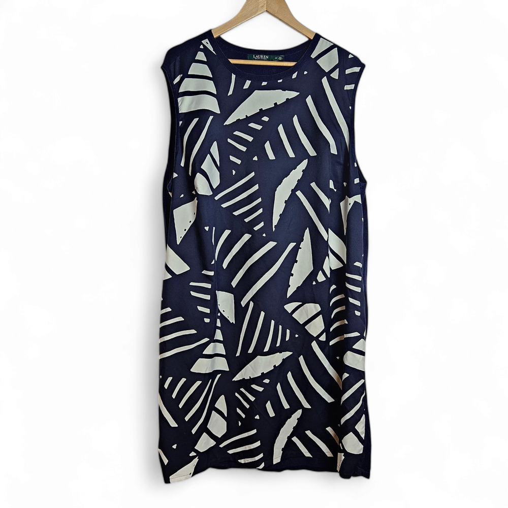 Lauren Ralph Lauren Women's Blue & White Geometric Sleeveless Shift Dress Sz 3X